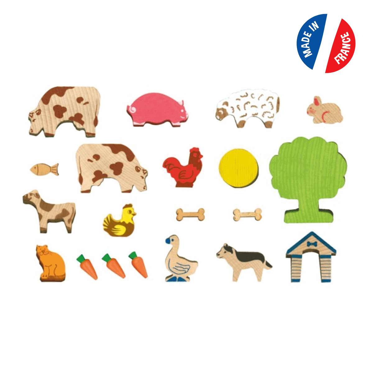 Animaux-ferme-bois On y retrouve les vaches, le veau, le lapin, le cochon, le mouton, l'oie, le chat, le coq, la poule et même le chien dans sa niche !