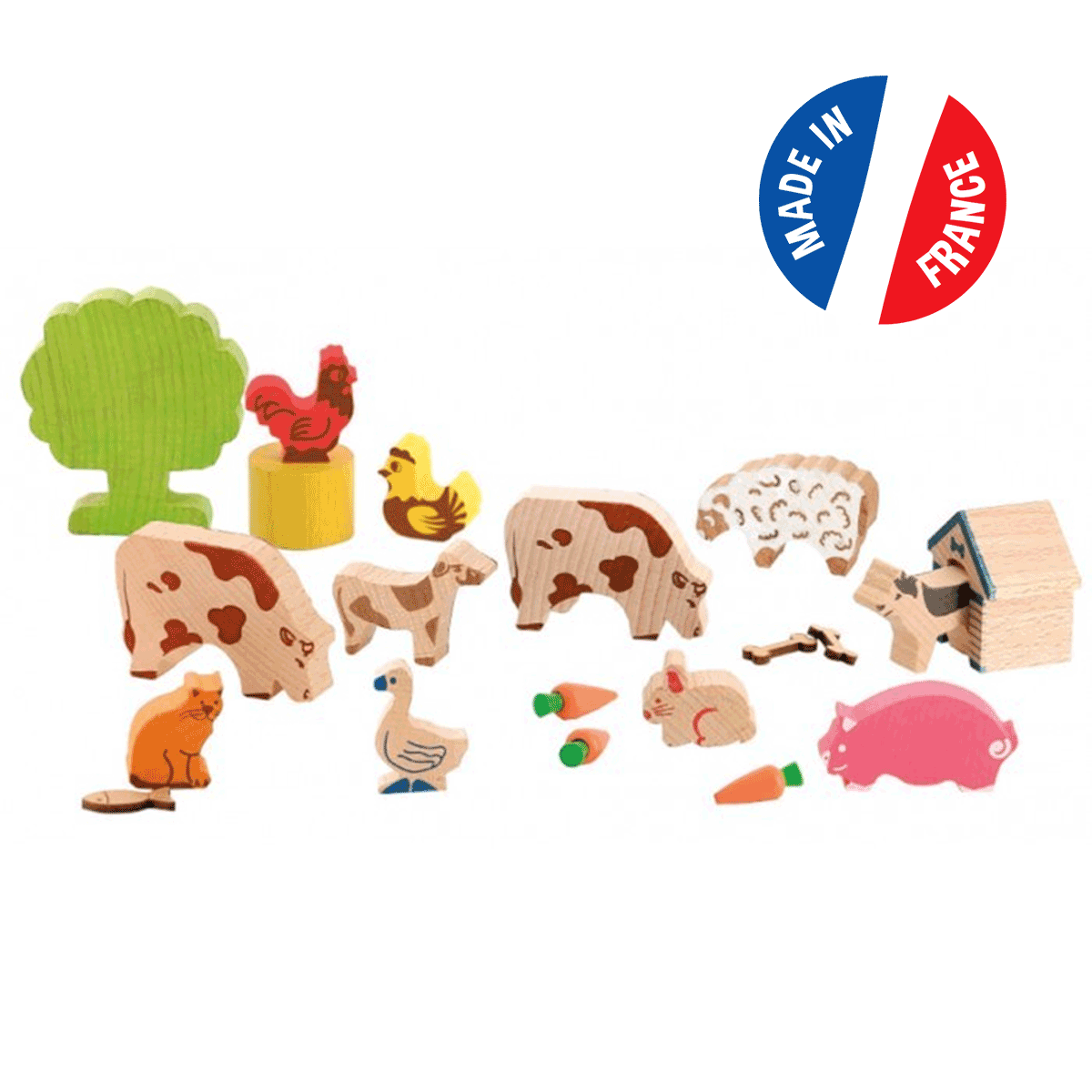Animaux-ferme-bois Le bois est un matériau solide et sûr pour les enfants, sans risque de produits chimiques nocifs souvent présents dans les plastiques.