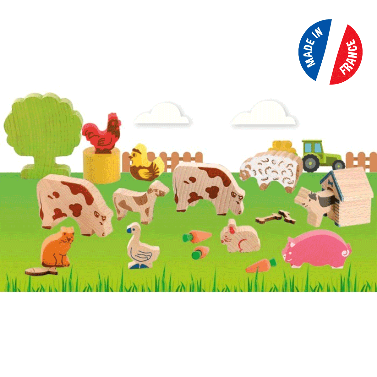 Animaux-ferme-bois Fabriqués en France, ces animaux bénéficient d'un savoir-faire artisanal traditionnel, assurant une haute qualité et des designs uniques