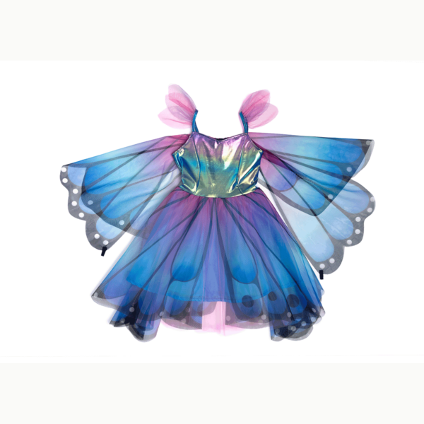 Dans les tons bleus et violet, cette robe enchanteresse a de belles ailes de papillon en tulle au dos, qui peuvent être attachées au doigt à l'aide d'un élastique.