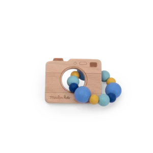 Hochet anneau de dentition bois et silicone appareil photo Puce & Pilou